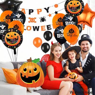 The New Smiling Pumpkin Halloween Party Decoration Set Includes A Balloon Combination And A Halloween Backdrop Decoration. It Is Suitable For Halloween Parties And Graduation Season Decorations. Halloween