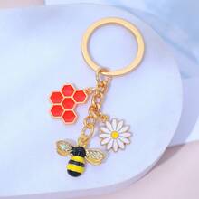 1pc Enamel Bee Honeycomb Daisy Metal Keychain, Cute Floral Bag Charm, Back To School Labor Day Holiday Decoration Gift - Multicolor - View 9