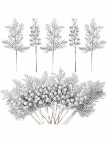 8pcs-Christmas Glitter Berry Stems, Christmas Shiny Pine Branches 7.09 Inches (Approx. 18cm) Artificial Christmas Tree Decorations, DIY Christmas Wreath, Crafts, Holiday And Home Decor, Pink - Silver Pine Branches + Berries - View 1