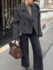 女款秋季純色長袖雙排扣休閒寬肩外套，時尚老錢風短夾克，適合外出與聚會 - 灰色 - 查看 5