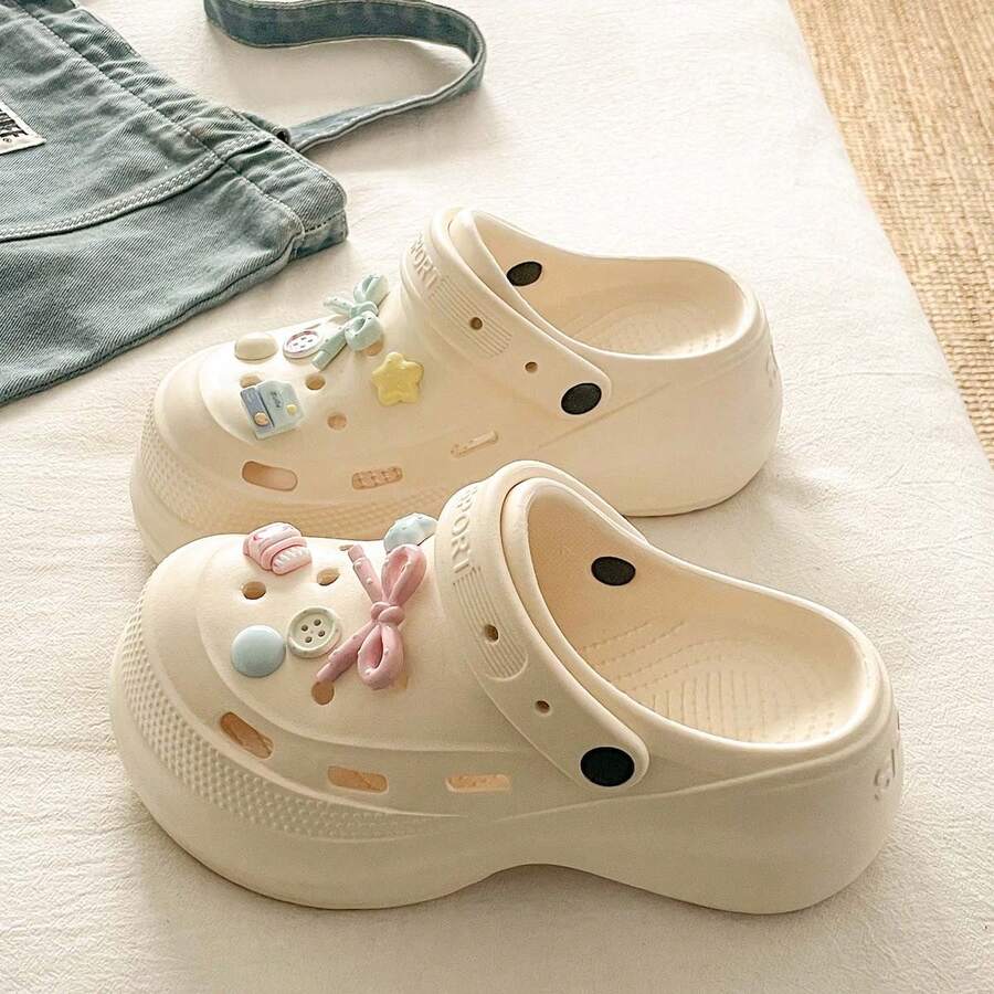 夏季新款學生風可愛女款洞洞涼鞋,EVA厚底增高戶外沙灘休閒舒適時尚百搭兩穿拖鞋 - 白色 - 查看 1