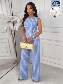 AIJ Women's Elegant Casual 2 Pieces Set, Boat Neck Striped Tank Top Paired With Tie Waist Wide Leg Pants Summer - Blue and White Stripes - View 5