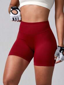 1pc Women's Ribbed Solid Color Seamless Fitted Sports Shorts, Butt-Lifting Ruched Body-Hugging Outdoor Sports Shorts For Running, Yoga And Workout Red - Red - View 2