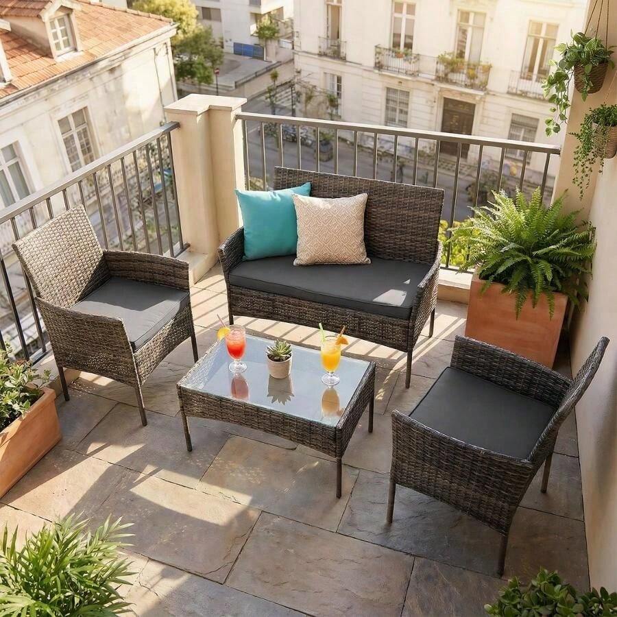 Garden Corner Sofa, Garden Furniture Set, PE Rattan Patio Sofa Set, Garden Entertaining Furniture Lounge Set With Coffee Table - 4pcs-khaki - View 1