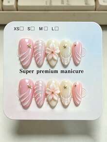 10 pièces de faux ongles en amande faits main, style océan romantique et doux, texture de vague dégradée rose, motifs 3D de fleurs, coquillages, étoiles et strass métalliques pour femmes et filles, utilisation pour festivals, fêtes et vie quotidienne au printemps, été, automne et hiver - Rose bonbon - Voir 1