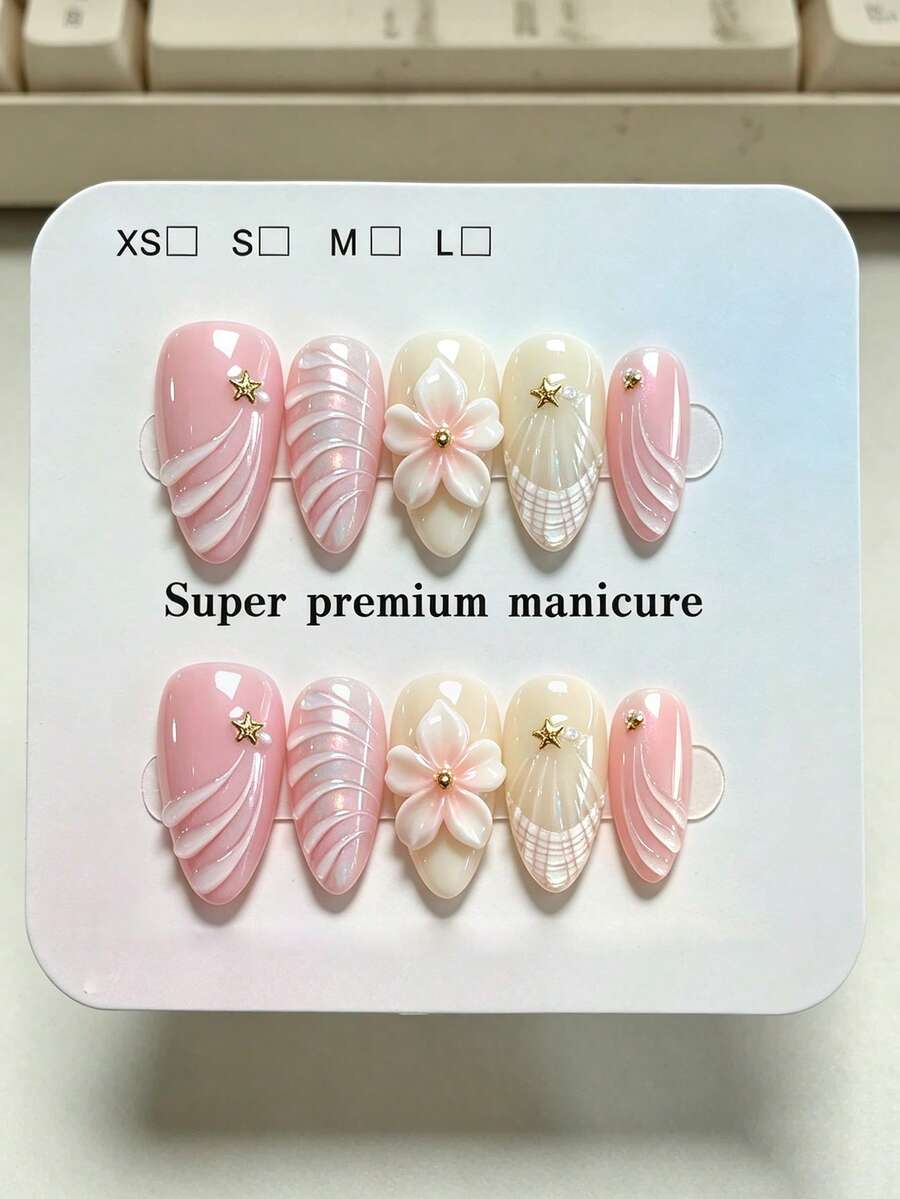 10 pièces de faux ongles en amande faits main, style océan romantique et doux, texture de vague dégradée rose, motifs 3D de fleurs, coquillages, étoiles et strass métalliques pour femmes et filles, utilisation pour festivals, fêtes et vie quotidienne au printemps, été, automne et hiver - Rose bonbon - Voir 1