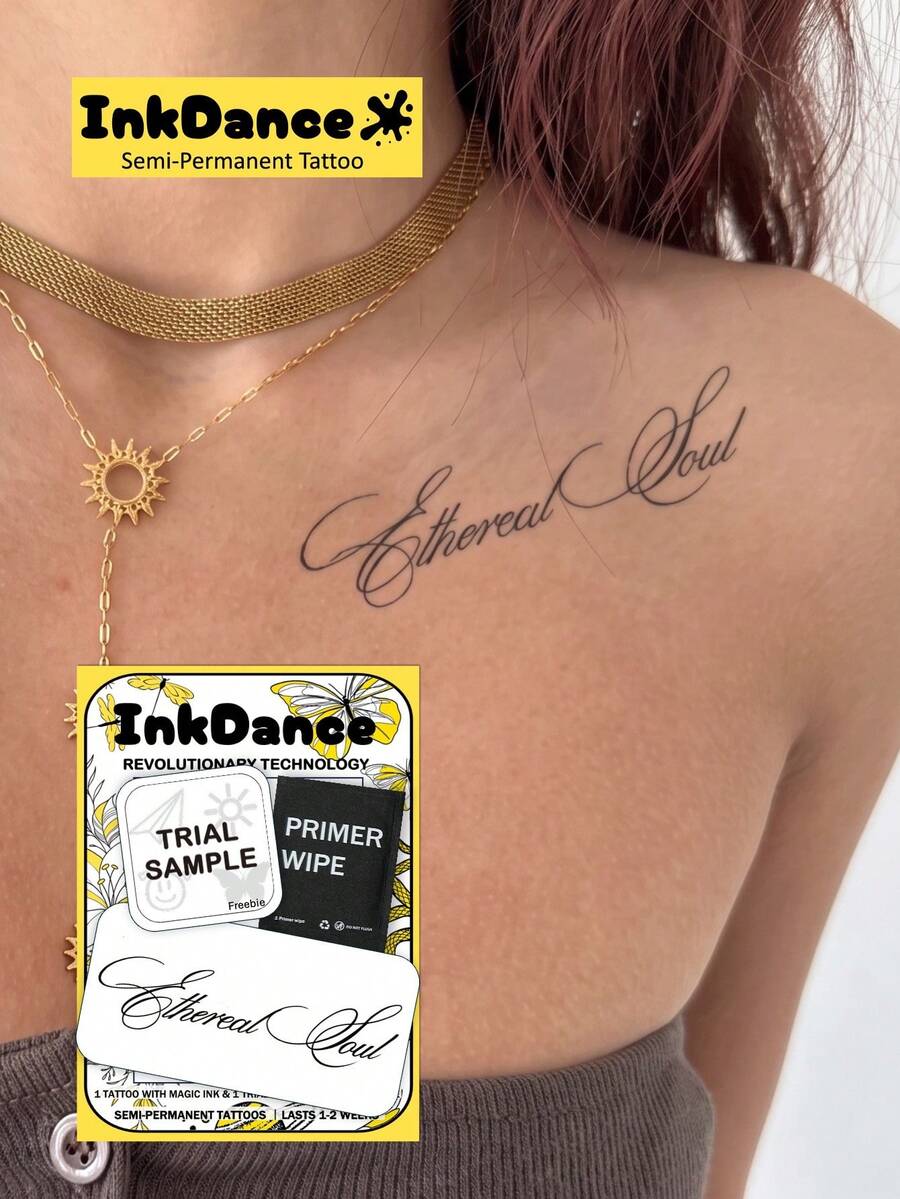1 Kit "Ethereal Soul" Pegatina de Tatuaje de Nueva Tecnología, Semi-Permanente, Cita Elegante, Línea Fina, Caligrafía, Letras, Tatuaje Temporal, Tatuaje Falso, Diseño Realista Impermeable & Duradero, Fórmula a Base de Plantas, InkDance, Ink Dance, Regalo X059 - Negro - Ver 1