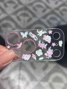 時尚可愛卡通塗鴉愛心蝴蝶結貼紙 透明相機保護膜 相容 iPhone 17 Pro Max 17 Pro 17 16 15 14 13 Pro Max 鏡頭相機保護膜 - 粉紅色花朵 - 查看 3