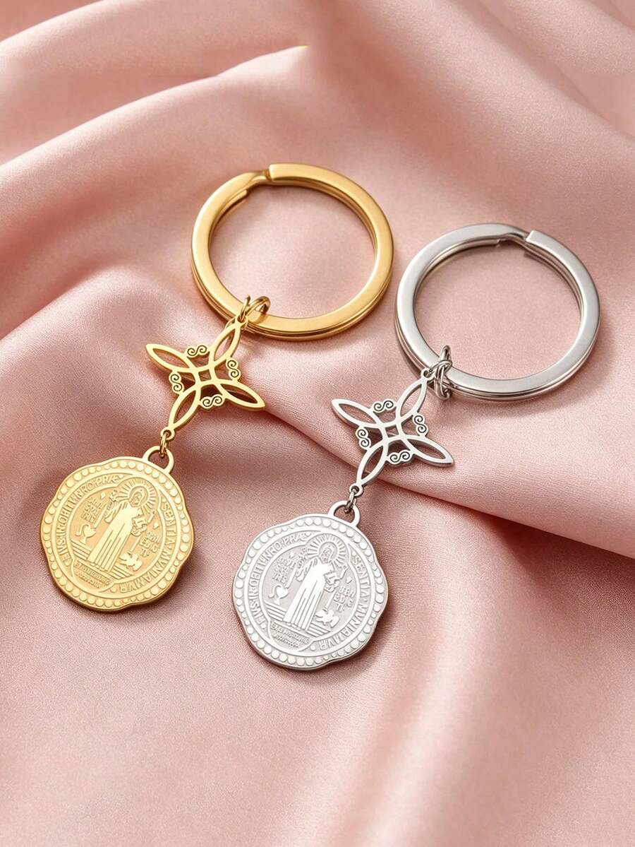 TEAMER 1pc Mysterious Lucky Witch Knot St. Benedict Medal Keychain, Fashionable Amulet Bag Charm - Fashion Series - View 1