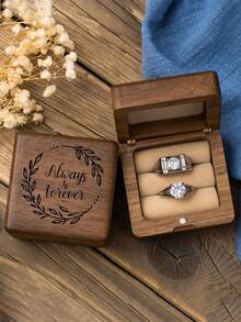 1pc "Always & Forever" Walnut Wood Ring Box, Wedding Engagement Gift, Square Brown Jewelry Box Back To School, Room Decor - Brown-04 - View 12