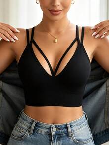 1Pc Women's Camisole Vest With Floral Lace Hollow Out Backless Wireless Padding, Soft And Elastic V-Neck Casual Vest - Black - View 6