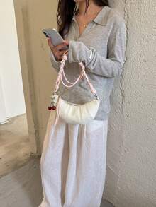 女款編織新款韓式小眾百搭時尚斜挎單肩包 通勤包 2026夏季 牛角餃子包 - 白色 - 查看 5