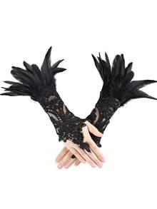 Black Lace Arm Sleeves With Faux Feather Decor, Finger Loop Gloves, Suitable For Balls And Dancing, Halloween Gothic Style Arm Sleeves (Artificial Fiber Feathers) - View 2