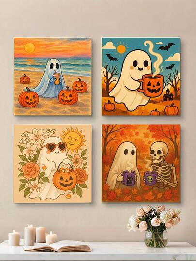 1/4pcs DIY Halloween Resting Ghost Digital Oil Painting, Adult Beginner Handmade, Canvas Art Wall Decor, Halloween Gift.Z