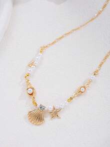 1 pieza Collar colgante de moda minimalista elegante con perla falsa, estrella de mar, concha y caracol en color dorado para mujeres, regalo de verano, vacaciones en la playa, cita, fiesta, vacaciones, cumpleaños, versátil para uso diario - Amarillo Oro - View 7
