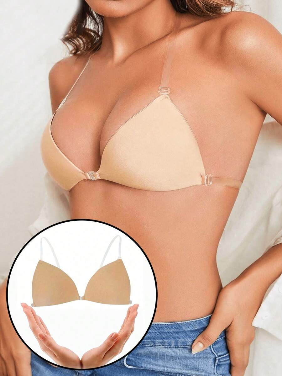1pc Women's Invisible Adhesive Bra, Triangle Cup Front Clasp Push Up Bra, Backless Strapless Bra For Dresses, Tops & Party Outfits - Apricot - View 1
