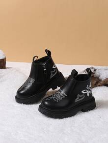 1 Pair Girls' Chinese Style Embroidered Chelsea Ankle Boots, Autumn/Winter New Side Zipper Thick Sole Boots - Black - View 4
