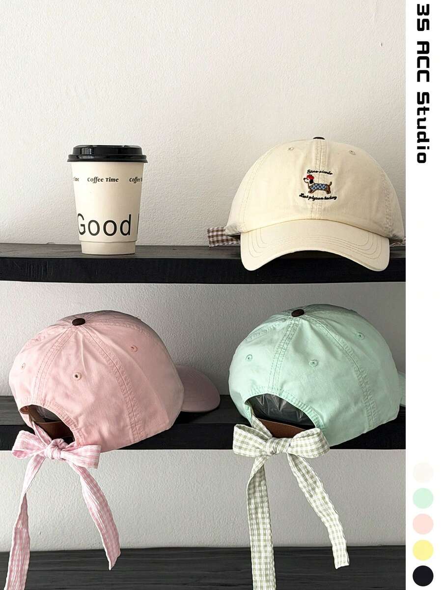 女款卡通動物軟頂快乾字母刺繡棒球帽，高品質親膚透氣輕量春夏季運動帽，防曬遮陽帽，米色藝術卡通棒球帽附可調節繫帶，學生百搭學院風，修飾臉型休閒慵懶風