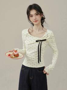 Women's Bow Polka Dot Long Sleeve T-Shirt, Spring New Slim Fit Inner Top - Apricot - View 4