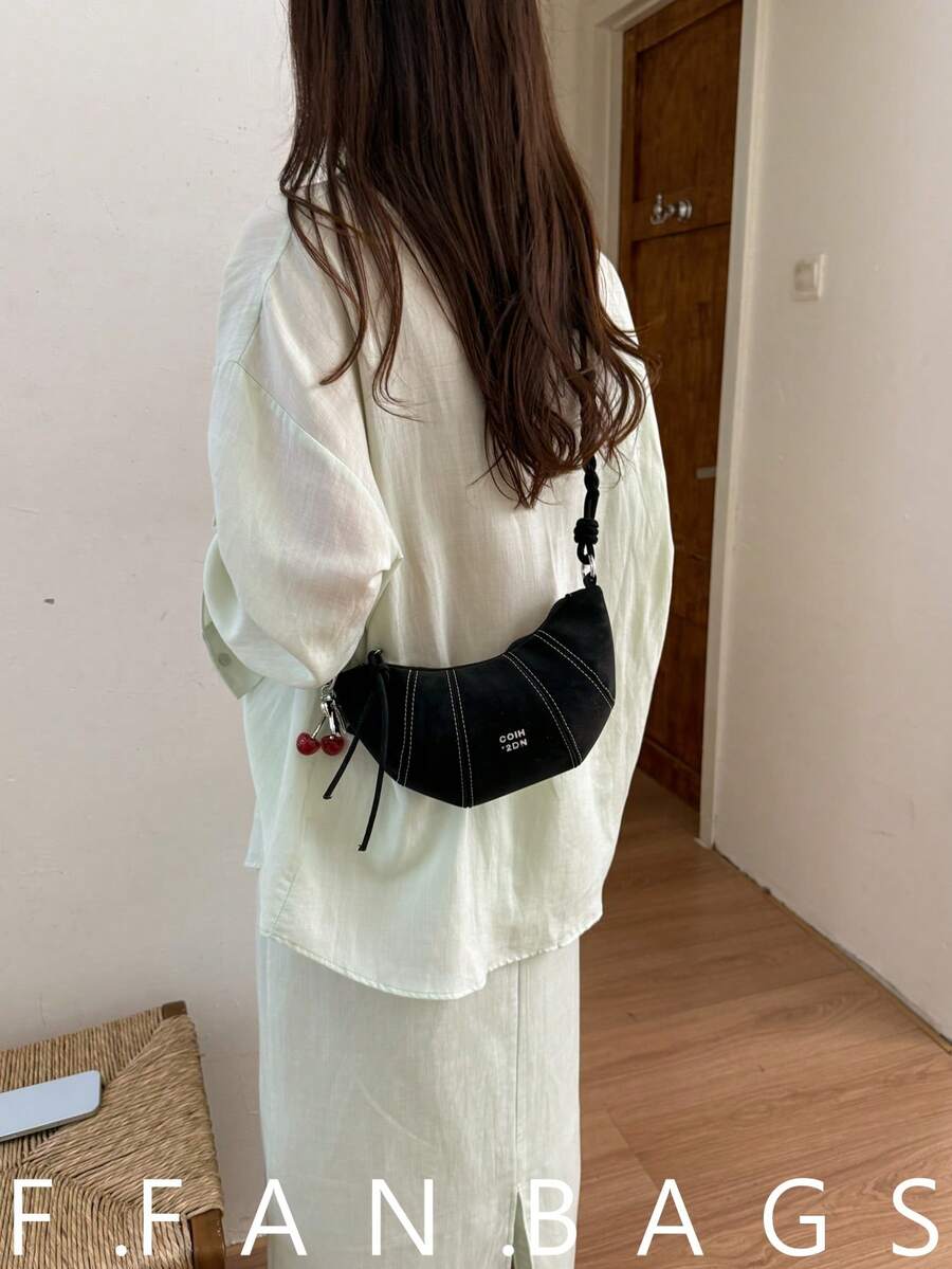 女款編織新款韓系小眾百搭時尚斜挎單肩包 通勤包 2026夏季 牛角餃子包 - 黑色 - 查看 1