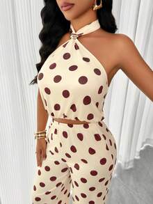 AIJ Casual Sexy Women's Polka Dot Halter Neck Gold Buckle Two Pieces Set, Backless Medium Stretch Outfit, Create A Look Vacation Elegant Summer - Yellow Base With Palm Flowers - View 9
