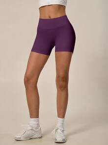 TimeOff Shorts deportivos para mujer de 1 pieza, color liso, cintura alta, cintura acanalada y glúteos fruncidos - Morado - Ver 10