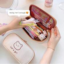 1pc Cute Cartoon Bear Rabbit Canvas Pencil Case, Minimalist Line Animal Print Pen Bag, Large Capacity Zipper Stationery Storage Pouch, Kawaii Simple Design, Portable Student Pencil Holder For School, Office & Back To School Gift - Flip-top Pencil Case - View 2
