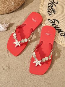 OXLL Red Women's Summer Sandals, Handmade Resin Starfish & Shell Rhinestone Decor, Bohemian Soft Sole Beach Flip Flops - Red - View 8