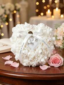 1pc Personalized Heart-Shaped Floral Ring Pillow Box With Elegant Lace Ribbon, Customizable Wedding Ring Holder Box, Bride Bridesmaid Proposal Gift - Multicolor - View 7