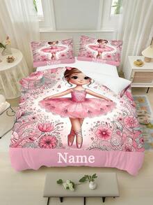2/3PCS Kids Custom Name Pink Ballerina Floral Print Soft Polyester Wrinkle Resistant Zipper Duvet Cover Set, Cute Girly Princess Style Bedding Set For Girls Bedroom All Seasons - Multicolor - View 2
