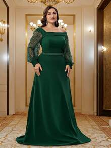 BluePlum Vestido de Noche con Escote Asimétrico en Silueta A, Vestido Formal con Mangas de Linterna Transparentes con Lentejuelas, Vestido de Novia, Dama de Honor y Madre de Talla Grande para Boda - Verde Oscuro - Ver 2