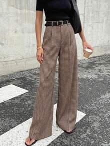 Women's Autumn Vintage Plaid High Waist Straight Leg Trousers, Loose Straight Leg Draped Casual Pants, Back To School Outfit, High Waist Draped Slimming Versatile Street Style Casual Trousers, Suitable For Daily Casual Commute Wear - Multicolor - View 5