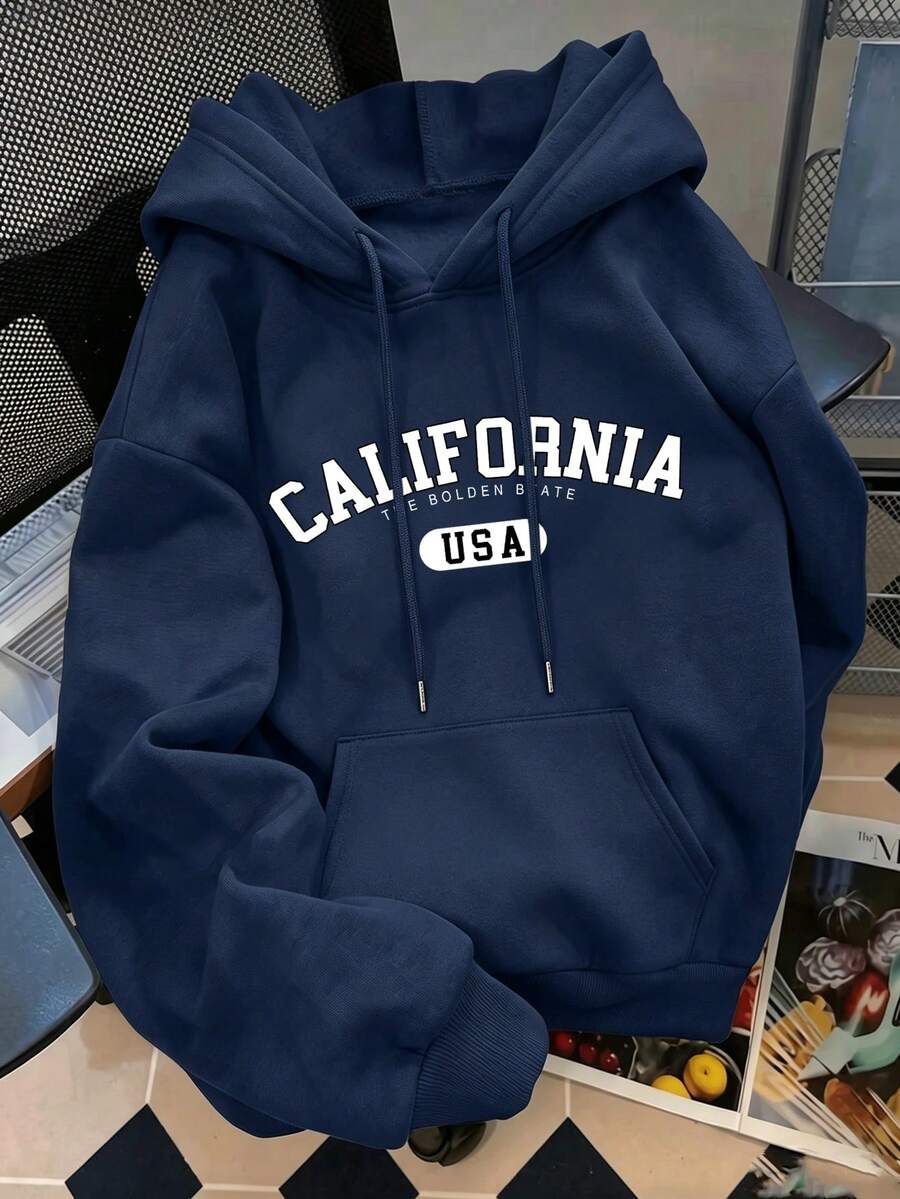Sweatshirt Hoodie Pria Kasual Musim Gugur/Dingin Serbaguna untuk Perjalanan Sehari-hari dengan Slogan Huruf CALIFORNIA, Saku Kanguru, dan Tali Serut. - Biru - View 1