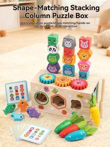 1 Set Multi-Functional Wooden Educational Building Blocks Box With Animal Expressions, Stacking, Magnetic Fishing, Carrot Pulling, Shape Recognition And Matching, Montessori Fine Motor Skills Early Education Teaching Aids - Multicolor - View 3