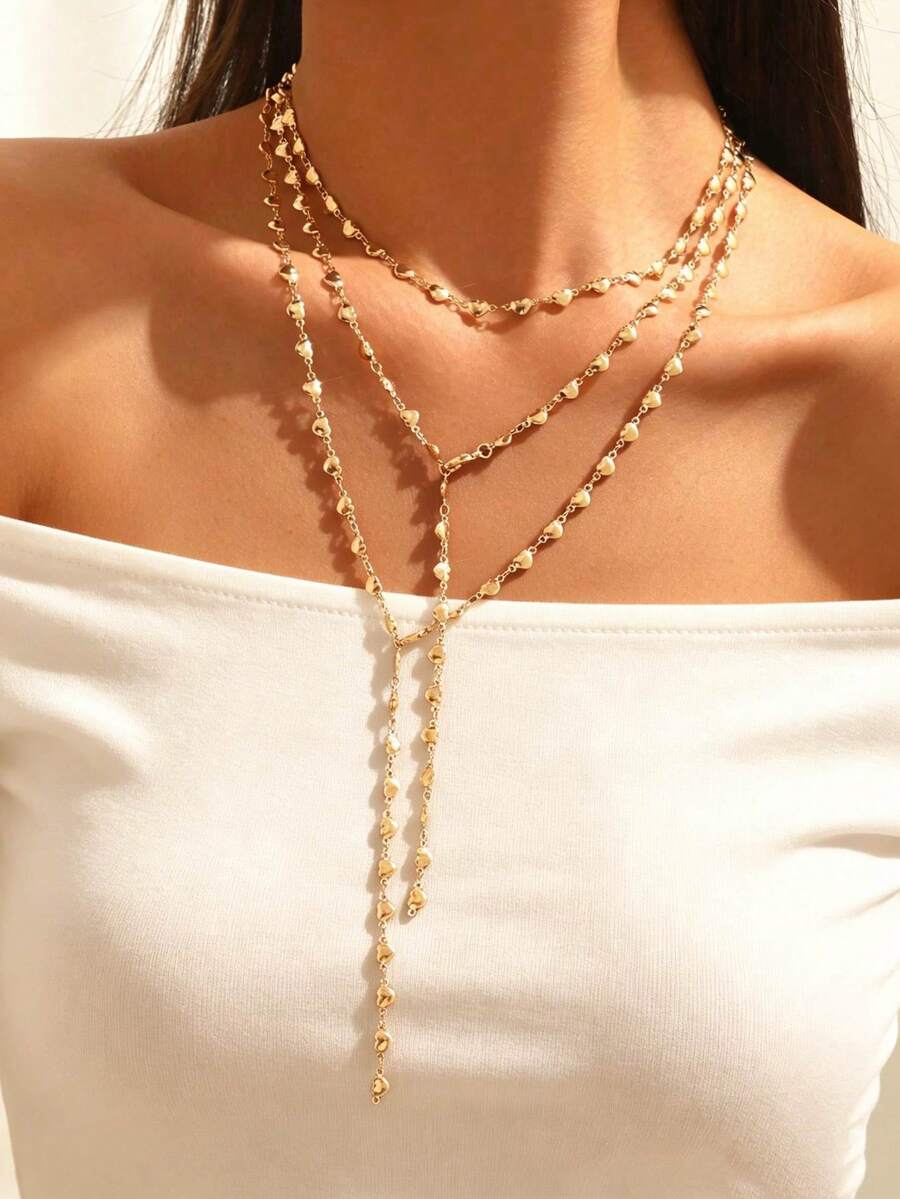 3pcs Fashion Minimalist Heart Handmade Chain Layered Y-Shaped Long Necklace Women's High-End Neck Jewelry Suitable For Outings, Dates, Parties, Music Festivals And Daily Wear - Gold - View 1