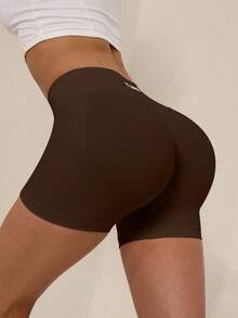 TimeOff Women's 1pc Solid Color High Waist Ribbed Waistband Ruched Back Athletic Shorts - Mocha Brown - View 4