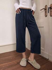 Women's Summer Lightweight Breathable Casual Pants With Elastic Waist Drawstring Loose Drape Relaxed Fit Versatile Fashion Wide Leg 7/8 Length Pants - Navy Blue - View 4