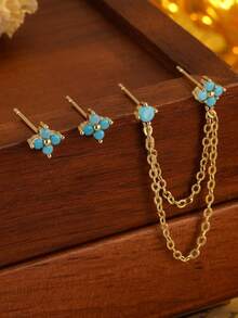 6pcs Exquisite Dazzling Earring Sets Earrings Stack Golden Copper Color Turquoise Color Stone Zirconia Hoop Stack Gifts For Women - Earring Set - View 7