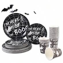 20/24/40pcs Minimalist Black & White Spider Web Ghost Skull 7/9 Inch Round Paper Plate & Cup Set, Halloween Disposable Tableware, Gothic Style Dessert Table, Haunted House Dinner, Picnic, Camping BBQ And Buffet Decoration - Multicolor - View 4