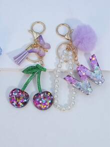 1pc Resin Starry Sky Epoxy Letter Keychain With Black Fur Ball Tassel Decor, Heart Pendant Gift For Friend And Mom - Mauve Purple - View 29