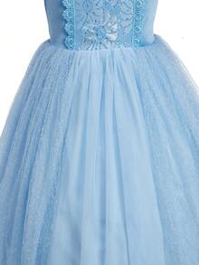 5PCS Girls New Blue Princess Dress, Round Neck Design With Mesh Off-Shoulder, Tulle Ballet Princess Skirt And Snowflake Cape Birthday Party Costume, Suitable For Holiday Performance, Theme Party - Baby Blue - View 3