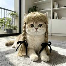 Cute Pet Double-Braid Wig With Black Bow, Suitable For Small/Medium-Sized Dogs And Cats, Braided Hair Accessory For Costumes And Dress-Up, Ideal For Cosplay, Themed Parties, Halloween - Maroon - View 2