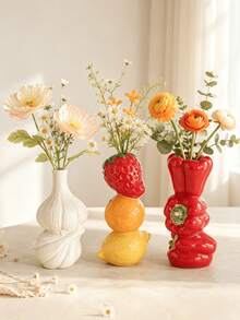 1pc Creative Vegetable & Fruit Shaped Ceramic Vase, Cute Garlic Strawberry Green Pepper Design, Fun Rustic Style Kitchen Living Room Shelf Decor, Dried Flower Reed Floral Arrangement Gift - A - View 7