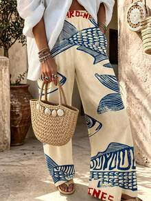 Women's Spring/Summer Casual Comfortable Pocket Bohemian Vacation Set, English Letter Multi-Style Ugly Fish Contrast Color Latin Fish Print Long Pants - Apricot - View 3