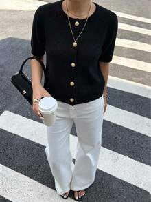 1 buah Cardigan Sweater Lengan Pendek Warna Polos dengan Kancing Logam untuk Wanita, Sweater Rajut Kasual Serbaguna Warna Hitam - Hitam - View 9