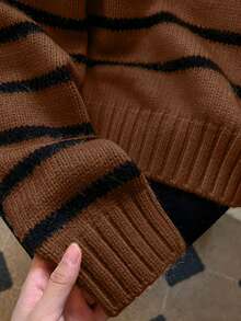 Women's Fall Striped Colorblock Collared Knit Pullover Sweater - Mocha Brown - View 4