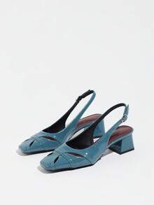 French Style Closed Toe New Elegant Solid Color Low Vamp Women's Chunky Heel Sandals - Dusty Blue - View 5