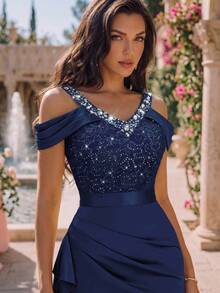 MIUSOL Off-Shoulder Sequin Floral Lace Patchwork Satin Side Ruched Ruffle Hem Formal Party Long Dress, Elegant Women's Outfit Summer - Navy Blue - View 8
