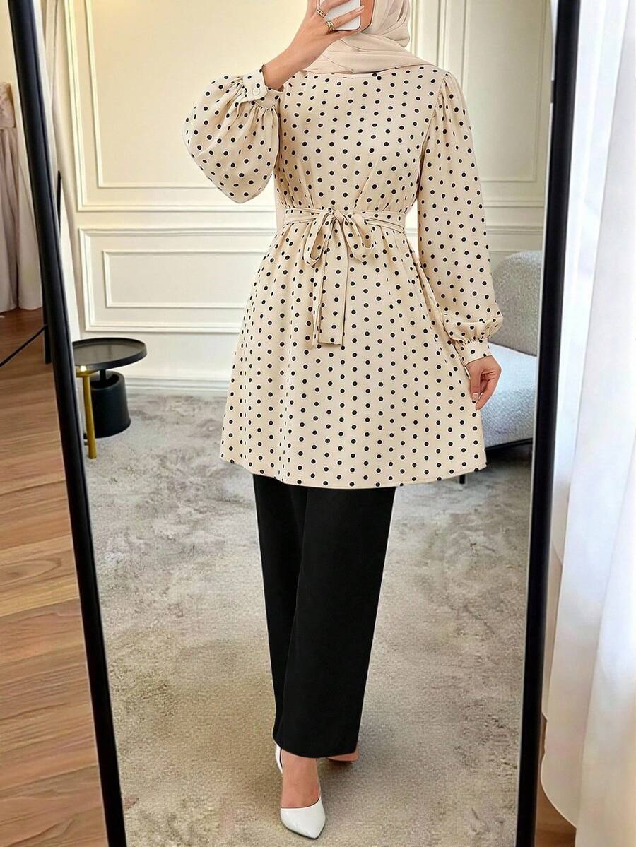 Women's Solid Color Round Neck Long Sleeve Top And Pants Set, Arabic Style, Women's Elegant And Graceful Long Robe Set Fall