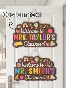 1pc Personalized Teacher Classroom Door Sign, Custom Wooden Hanging Door Hanger, 2D Welcome Sign, Welcome To Teacher Classroom Decor Gift, Gift For Teacher,Personalized Gifts, Back To School Gifts - Multicolor - View 2